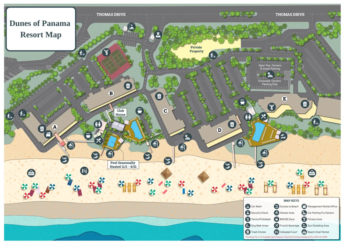 This panoramic exterior shot features the Club House at the heart of the property, surrounded by multiple swimming pools, tennis courts, and the beachfront. The scene is lively, with various guests engaging in swimming, tennis, and social activities, all set against a stunning coastal backdrop and sunset lighting.